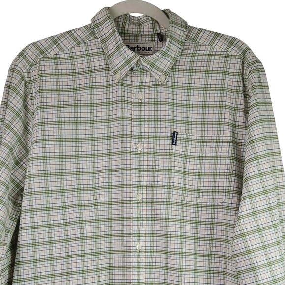 Barbour SZ M Tattersall 19 Tailored Fit White Green Check Button-Down Shirt - Picture 3 of 5